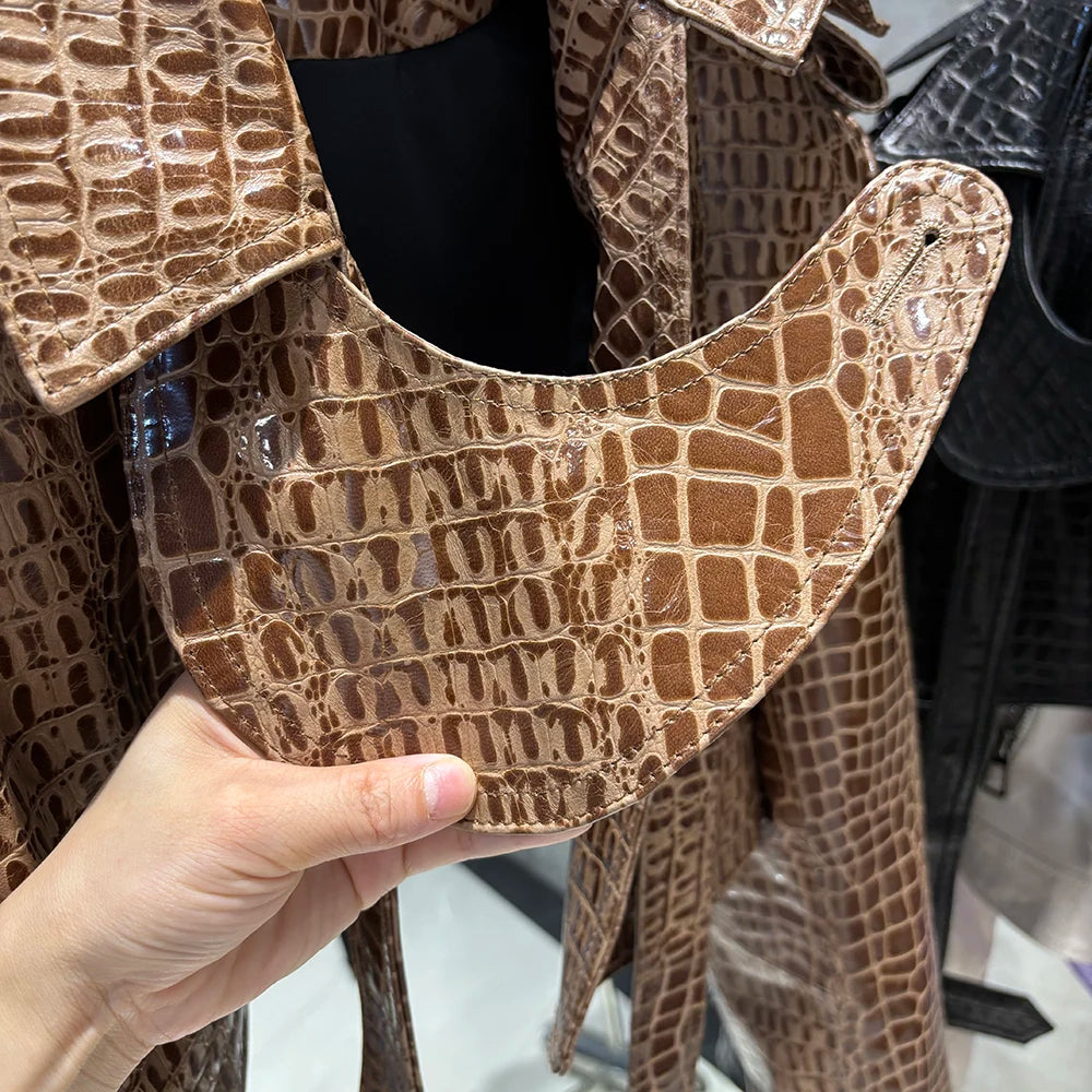 YOLOAgain Croc Pattern Real Leather Cropped Jacket Women Genuine Leather Jacket Female Streetwear