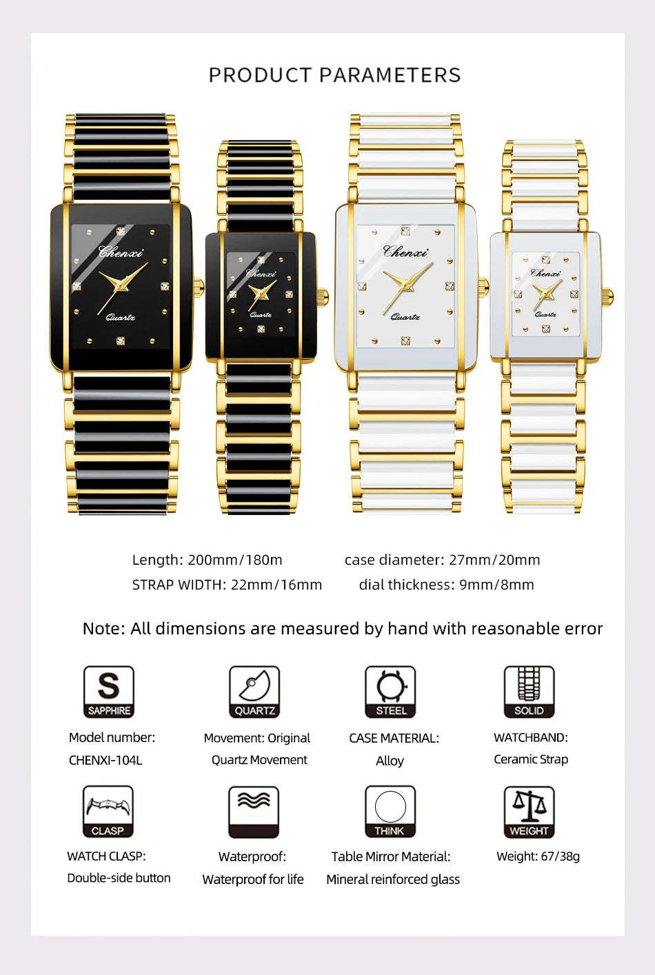 CHENXI 104A Waterproof Top Brand Luxury Couple Watches Watch for Women Men with Simulated-Ceramics Strap Relojes Para Damas