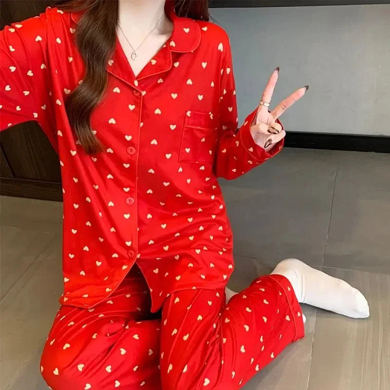Spring and autumn new ladies' Korean pajamas home wear set for girls and students long-sleeved pajamas