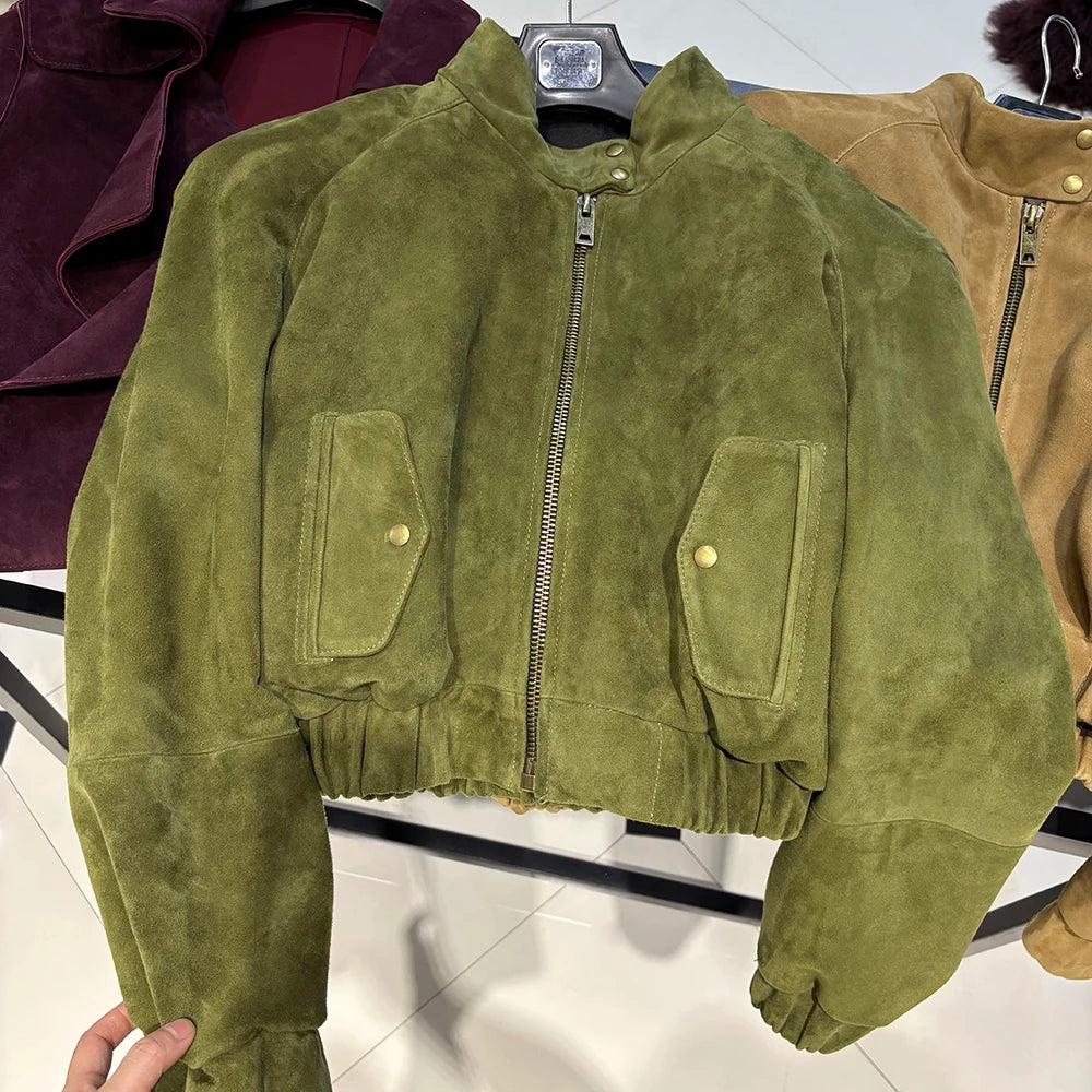 YOLOAgain Suede Leather Jacket Coat Women Real Leather Cropped Jacket Bomber Jacket