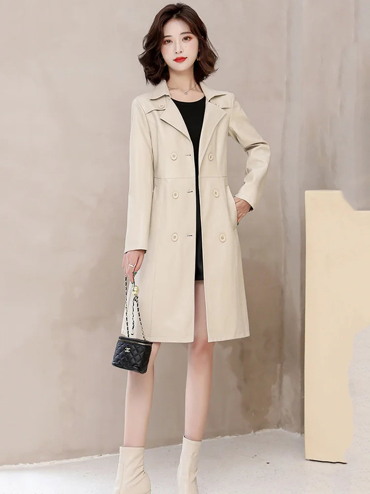 2026 Spring Autumn Sheep Leather Long Trench Coat Women Double Breasted Slim Trench Coat Female Outwear Fashion Windbreaker