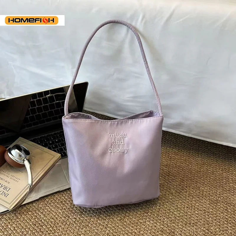 Embroidered Nylon Bucket Bag, Japanese Style Commuter Single Shoulder Bag, Fashion Spring Summer Small Square Handbag for Women