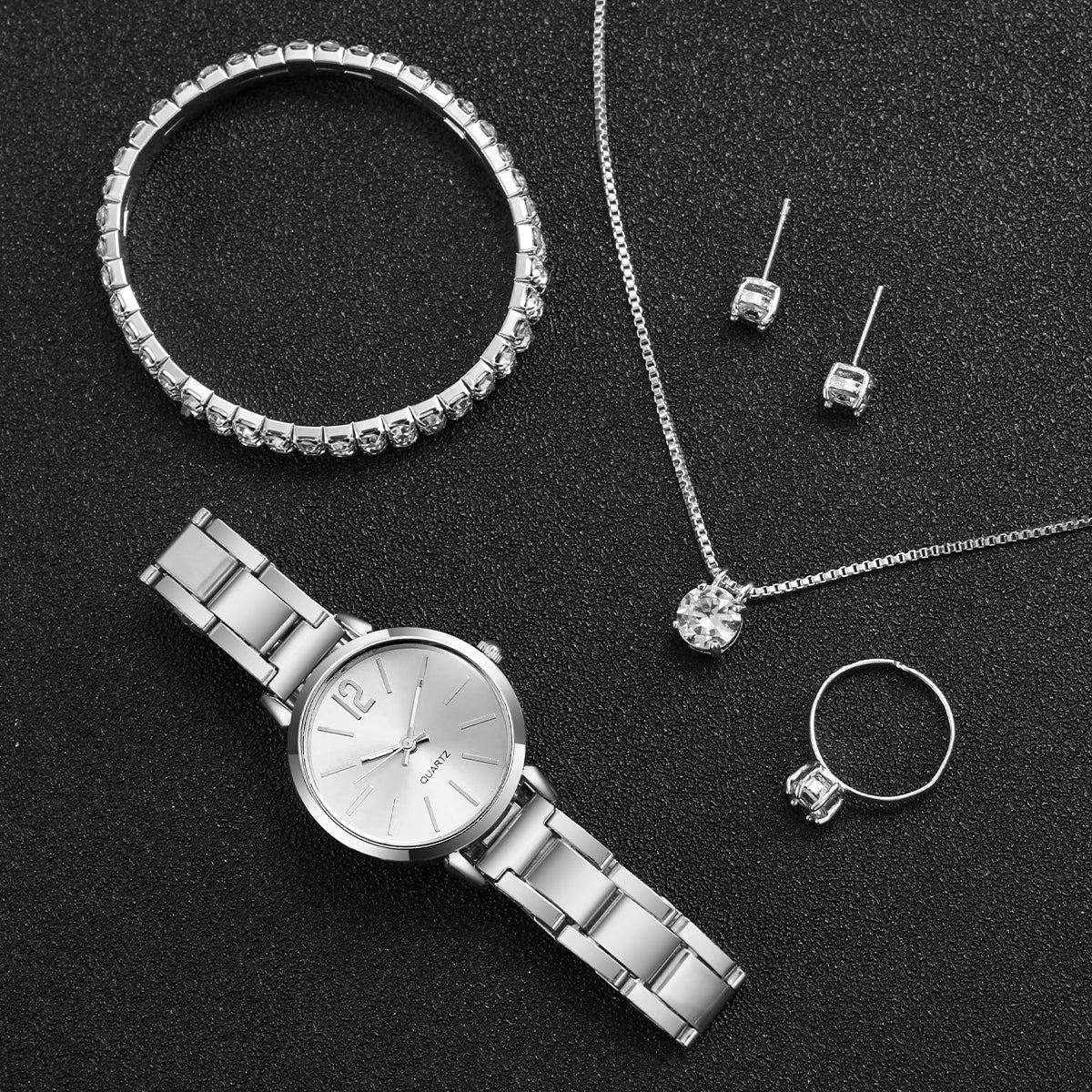 6PCS/Set Fashion Women's Quartz Watch Stainless Steel Band Wrist Watches Diamond Jewelry Set(Without Box)