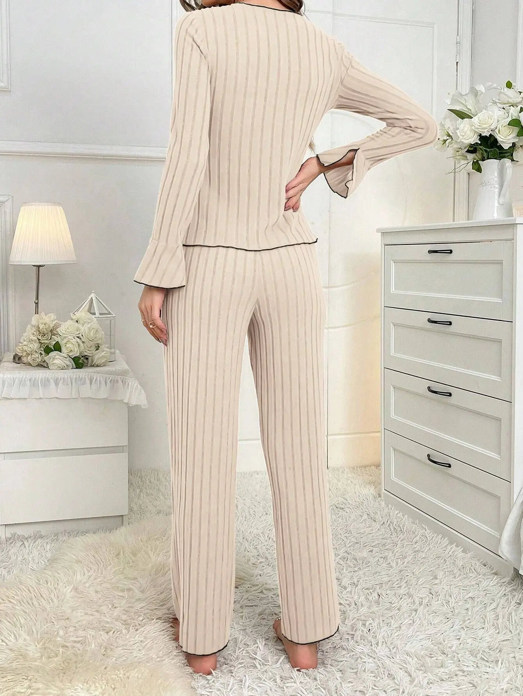 2-Piece Women's Autumn and Winter Pure Color Elegant Bow Women's Simple Long-Sleeved Pants Pajama Set Leisure home clothing