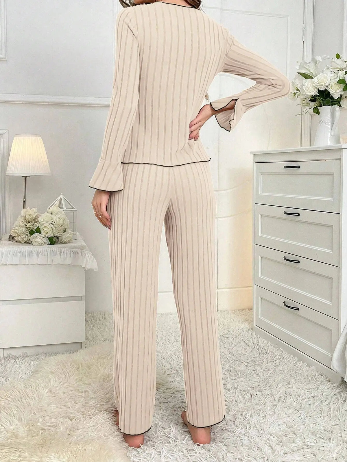 2-Piece Women's Autumn and Winter Pure Color Elegant Bow Women's Simple Long-Sleeved Pants Pajama Set Leisure home clothing