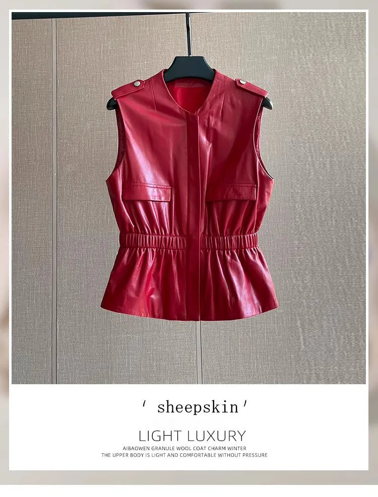 Women's Slim Waist Red Genuine Leather Vest Sleeveless Casual Jacket Short Style Versatile for Spring Autumn