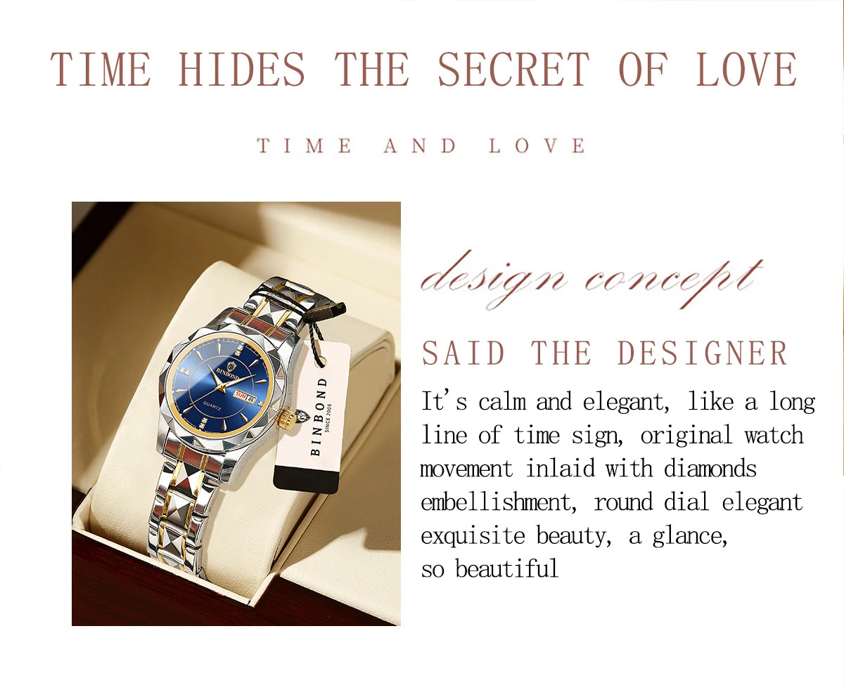 BINBOND Luxury Quartz Wristwatches For Women Luminous Waterproof Week Display Auto Date Women's Watches Fashion Casual Reloj