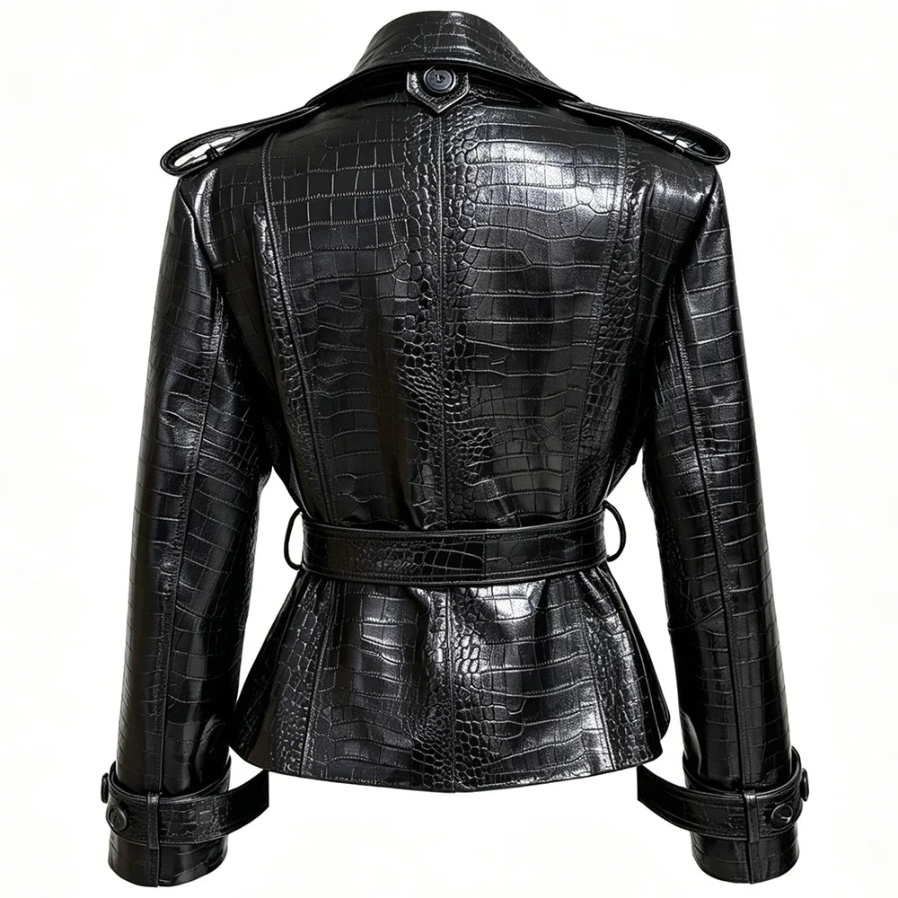 YOLOAgain High Quality Suede Leather Jacket Women With Belt Double Breasted Croc Pattern Jacket Female