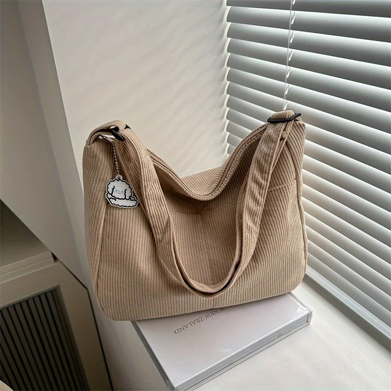 Women’s Corduroy Shoulder Bag, Casual Striped Large Capacity Tote with Zipper Closure, Cute Hat Patch, Perfect for Everyday Use