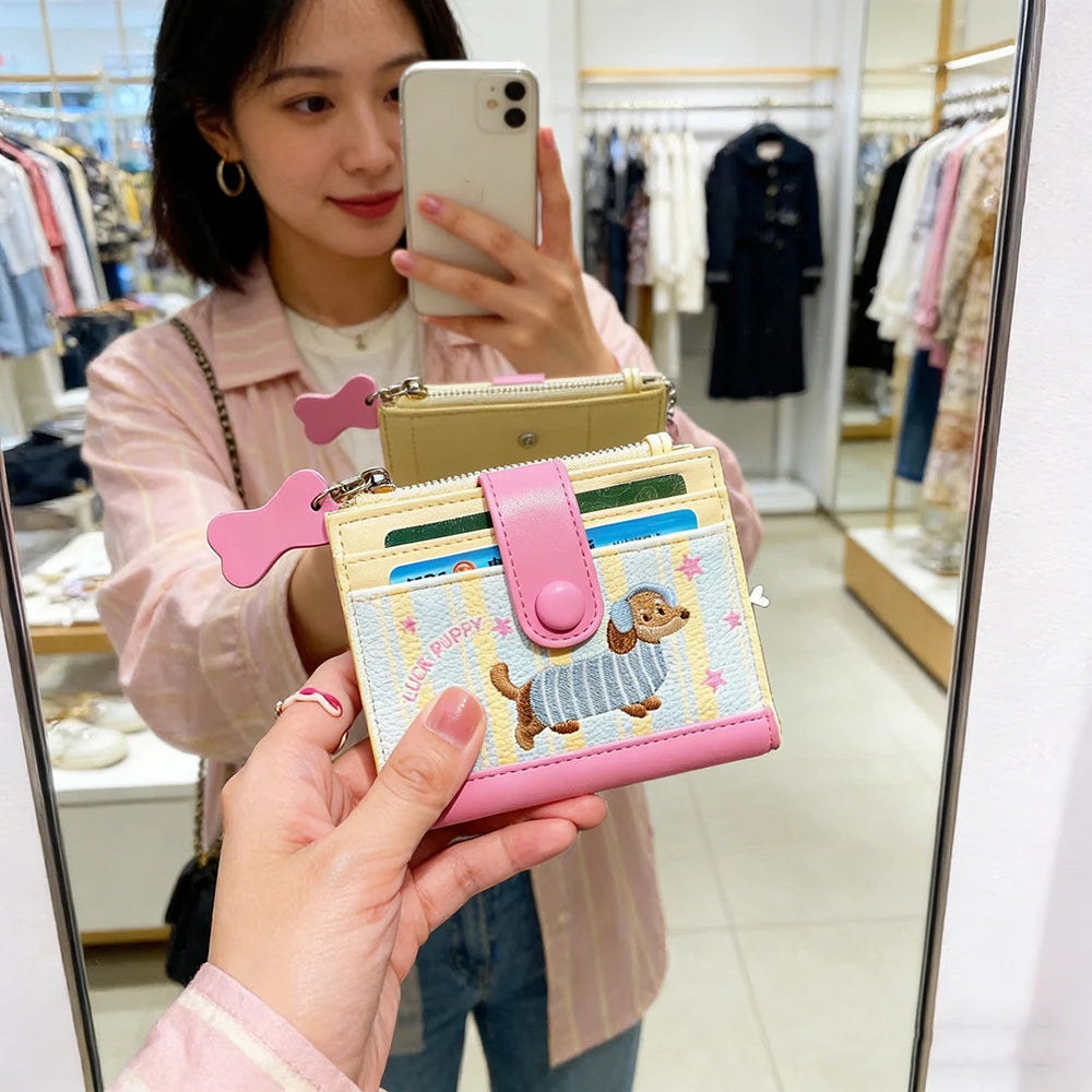 Women Cute Cartoon Embroidery Sausage Dog Wallet Zipper Coin Purse Double Fold Card Holder Wallet Ultra Thin Leather Money Clip