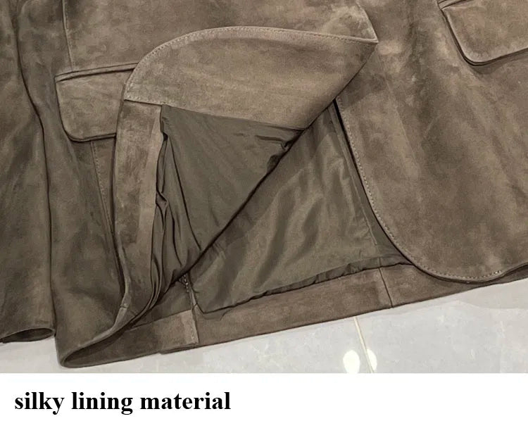 High Quality Suede Leather Suit Jacket Woman Kid Suede Flip Collar Wide Shoulder Split Vintage Ropa Mujer Dark Blue Blazer Coat