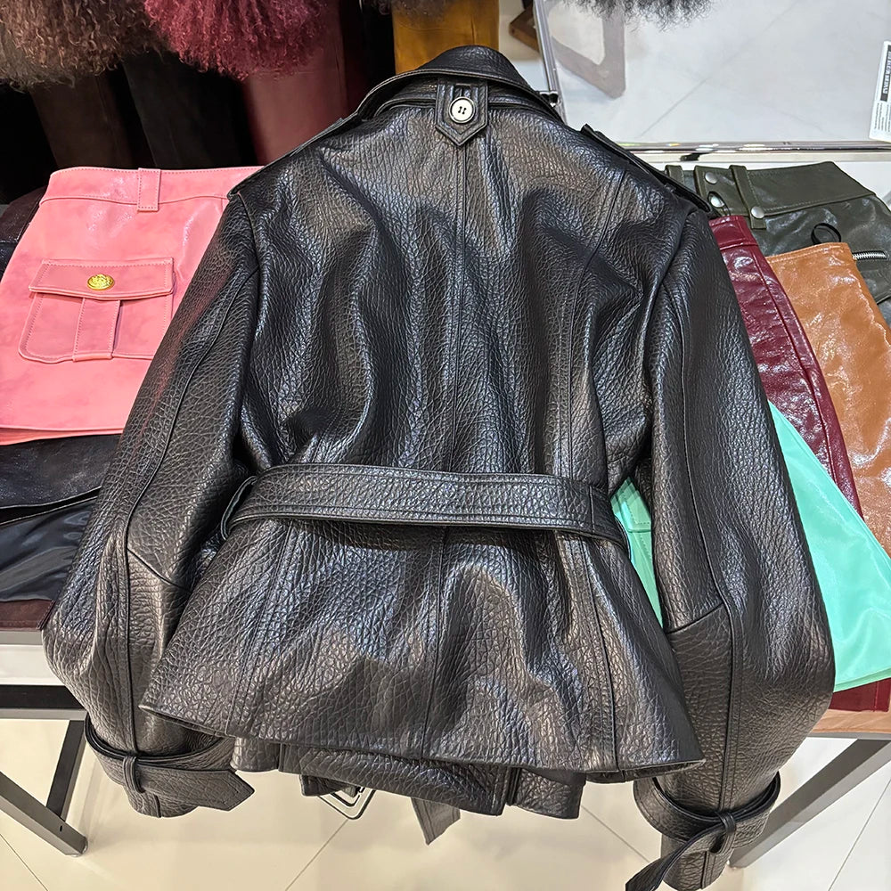 YOLOAgain High Quality Suede Leather Jacket Women With Belt Double Breasted Croc Pattern Jacket Female