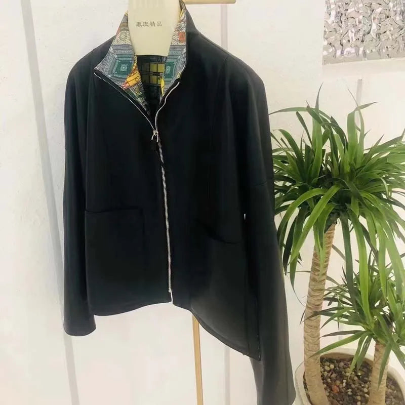 New Fashion 2026 Women Coat Spring Orange Import Real Sheepskin Jacket Floral Pattern Lining Short Length Big Pockets