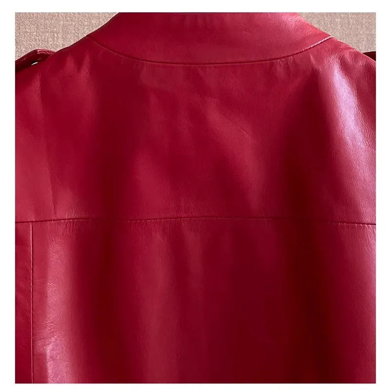 Women's Slim Waist Red Genuine Leather Vest Sleeveless Casual Jacket Short Style Versatile for Spring Autumn