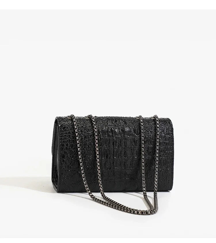 Fashion Ladies Croc Pattern Sequined Chain Crossbody Bag D‑Buckle Shoulder Messenger Handbag Women Evening Party Purse