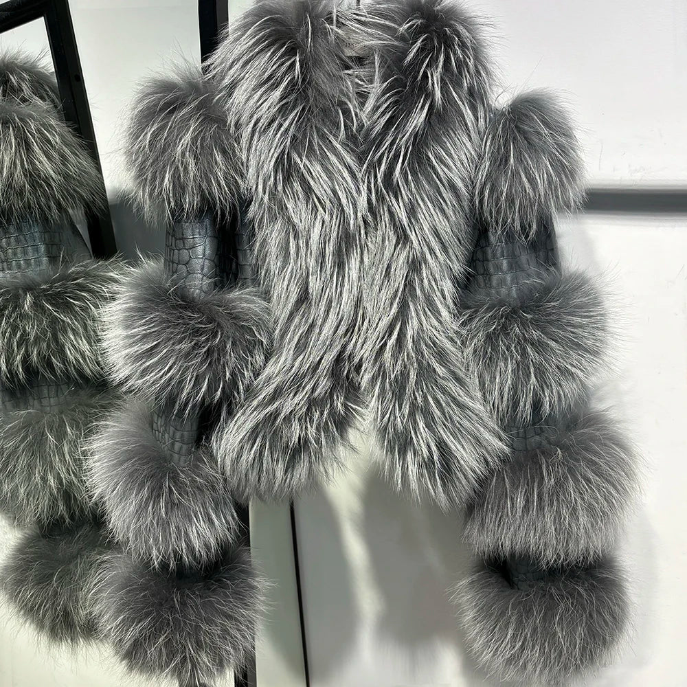 YOLOAgain Women's Natural Fox Fur Jacket Real Leather Cropped Jacket Streetwear