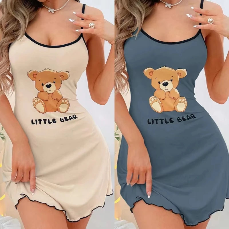 2026 New Women's Autumn Home Clothes Printed Cute Bear Strap Skirt Off Shoulder Pajamas Home Fashion Contrast Ruffle Edge Dress