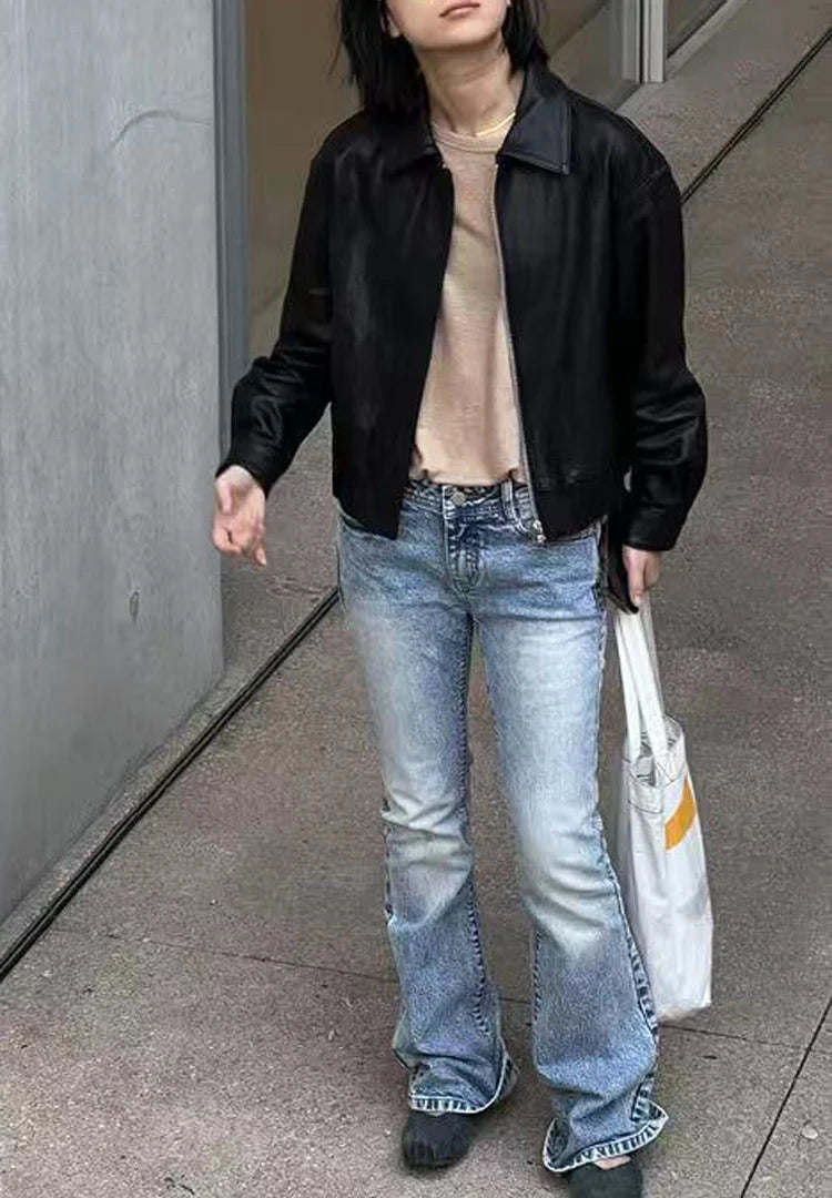 Genuine Leather Jacket for Women Sheepskin Leather Short Coat Female Collar Cropped Veste Woman Clothing Basic Daily Outfit