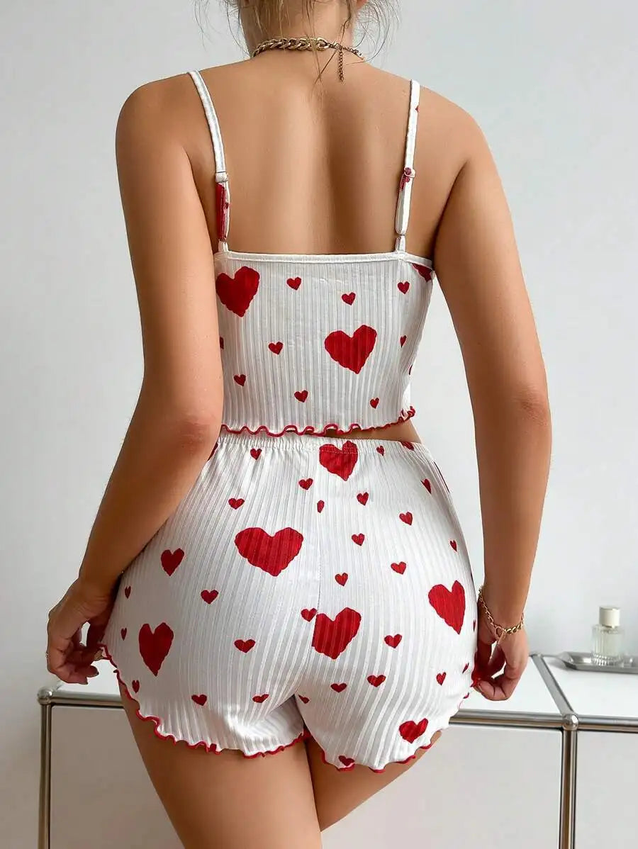Women’s 2PCS Heart Print Pajama Set, Sleeveless Crop Top and Shorts, Soft Comfy Sleepwear Loungewear for Summer Nightwear