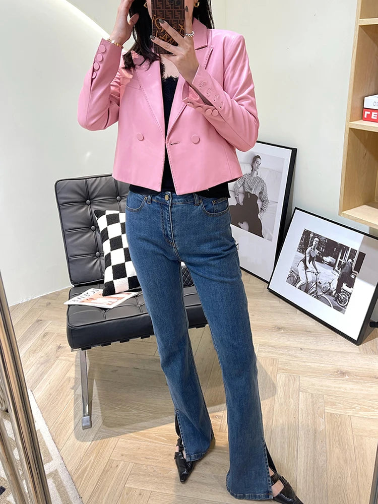 Suit Leather Jacket For Women 2025 Female 100% Sheepskin Lined Suit Collar Slim Short Quilted Coats Retro OL Sobretudo Feminino