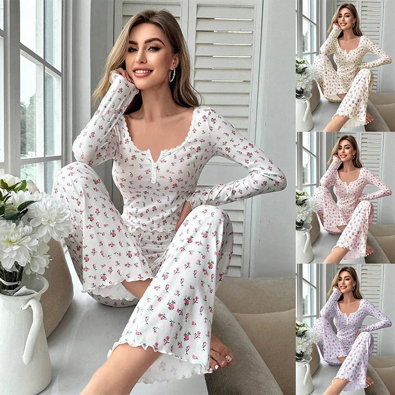Sleepwear Women Floral Print Lettuce Trim Top with Long Pant Lovely Loungewear Full Sleeve Nightwear Spring Autumn Pajamas Set