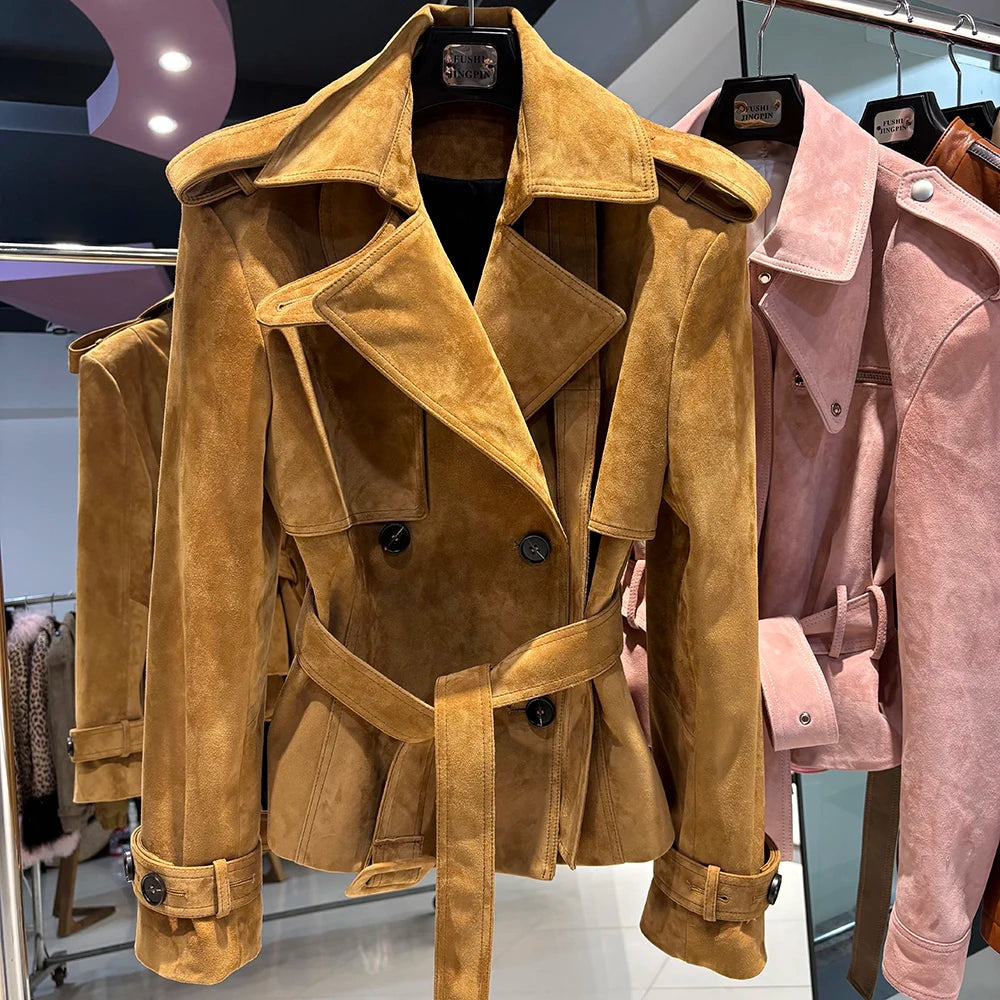YOLOAgain High Quality Suede Leather Jacket Women With Belt Double Breasted Croc Pattern Jacket Female