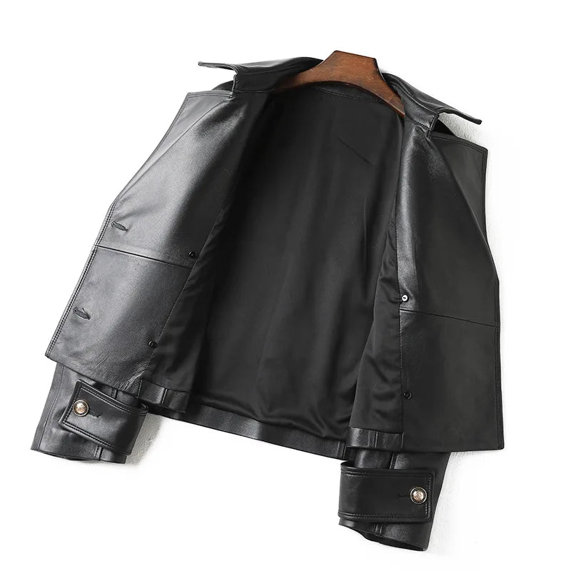 Leather Jacket for Women Spring Double-Breasted Belt Waist Closing Slim Ceket Kadın Imported Sheepskin Loose Short Trench Coat
