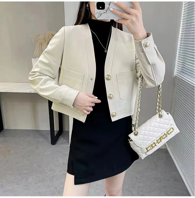 Genuine Sheepskin Casacas Para Mujer Women Casual V-neck Short Khaki/White/Black Leather Jacket Feminino Slim Tops Trendy Pocket