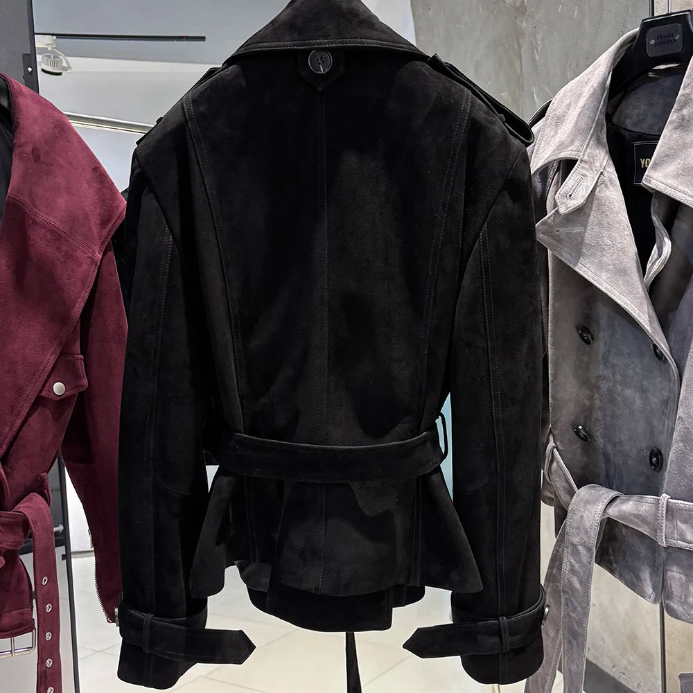 YOLOAgain High Quality Suede Leather Jacket Women With Belt Double Breasted Croc Pattern Jacket Female