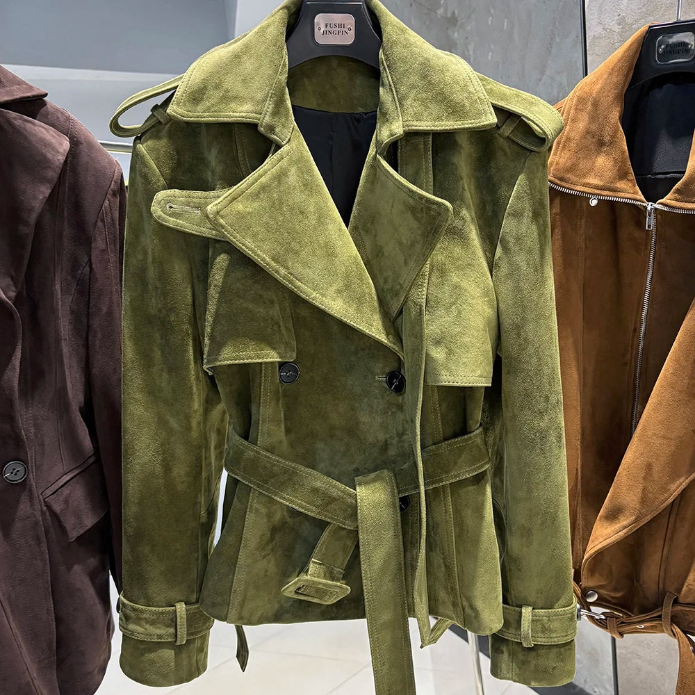 YOLOAgain High Quality Suede Leather Jacket Women With Belt Double Breasted Croc Pattern Jacket Female