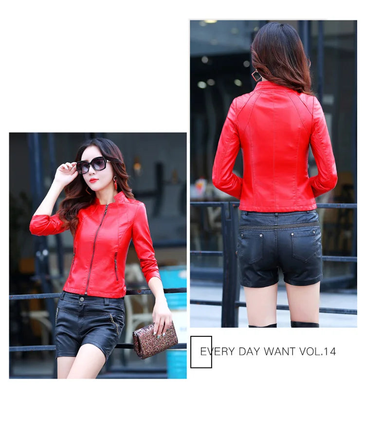 New Women Spring Autumn Leather Jacket Fashion Small Stand Collar Long Sleeve Slim Sheepskin Jacket Split Leather Short Coat