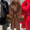 YOLOAgain Burgundy Real Fox Fur Collar Leather Trench Coat Women Genuine Leather Jacket Long Female