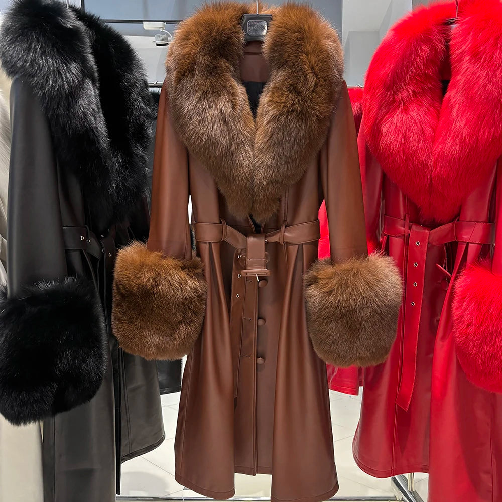 YOLOAgain Burgundy Real Fox Fur Collar Leather Trench Coat Women Genuine Leather Jacket Long Female