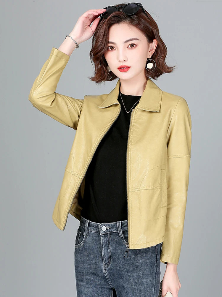 New Women Sheepskin Jacket Spring Autumn 2025 Fashion Casual Long Sleeve Short Zipper Leather Coat Loose Split Leather Outerwear