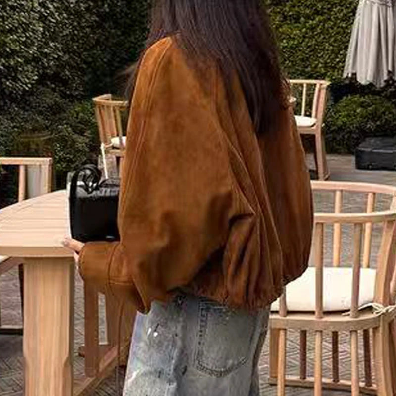 Suede Leather Flower Bud Jacket for Women Trendy Kid Suede Drawstring Silhouette Short Coat Streetwear Chill Casaco Feminino