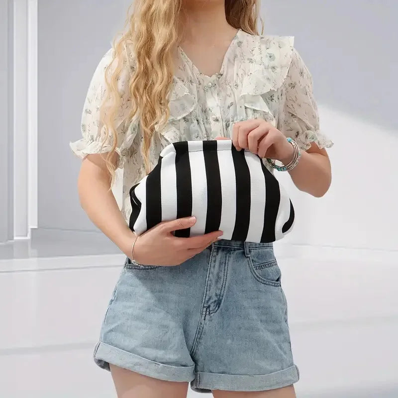 Woven Crochet Handbag Striped Colorblock Clutch Purse Ruched Bag Versatile Casual Beach Clutch Bag For Daily Commute Vacation