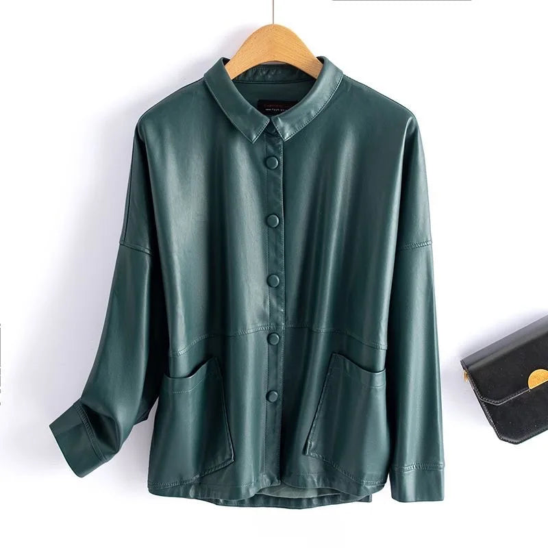 Sheepskin Leather Jacket Women Short Covered Button Pockets Coats Chic Office Ladies Split Sheep Leather Korean Loose Outwear