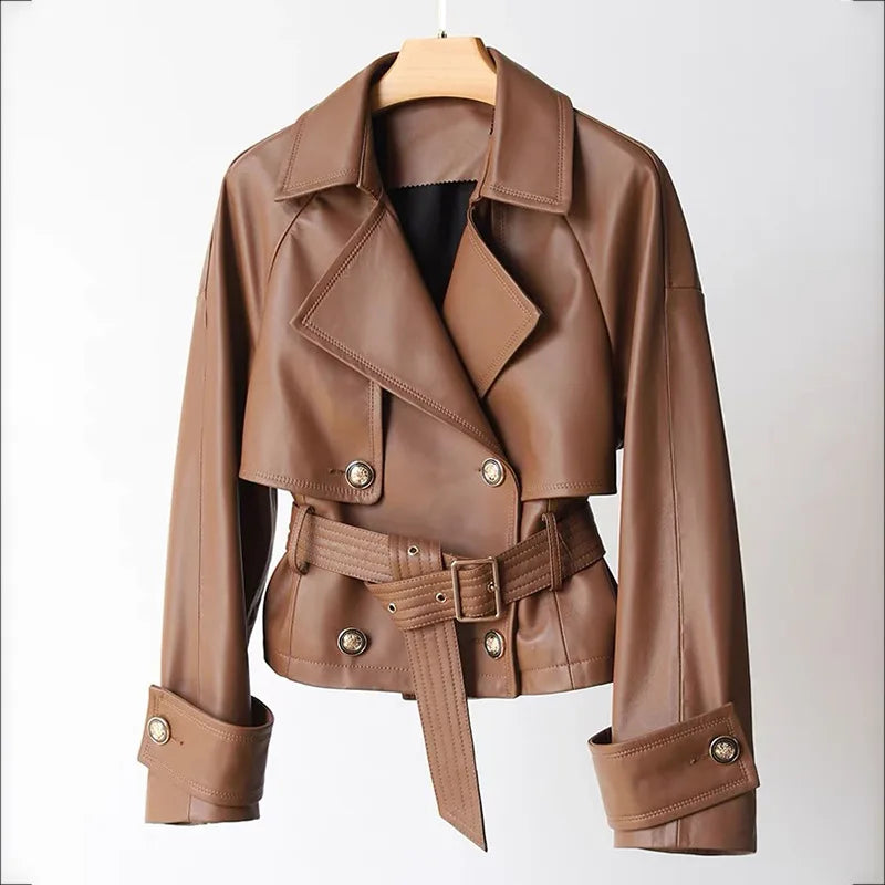 Leather Jacket for Women Spring Double-Breasted Belt Waist Closing Slim Ceket Kadın Imported Sheepskin Loose Short Trench Coat