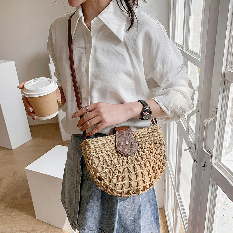 Summer Straw Bag For Women Fashion Semicircle Crossbody Bags Rattan Handmade Messenger Handbag Travel Beach Bags Tote