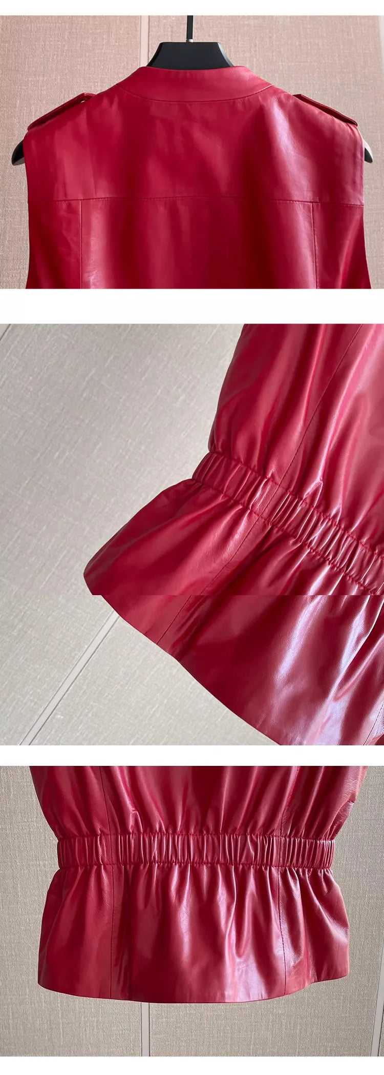 Women's Slim Waist Red Genuine Leather Vest Sleeveless Casual Jacket Short Style Versatile for Spring Autumn