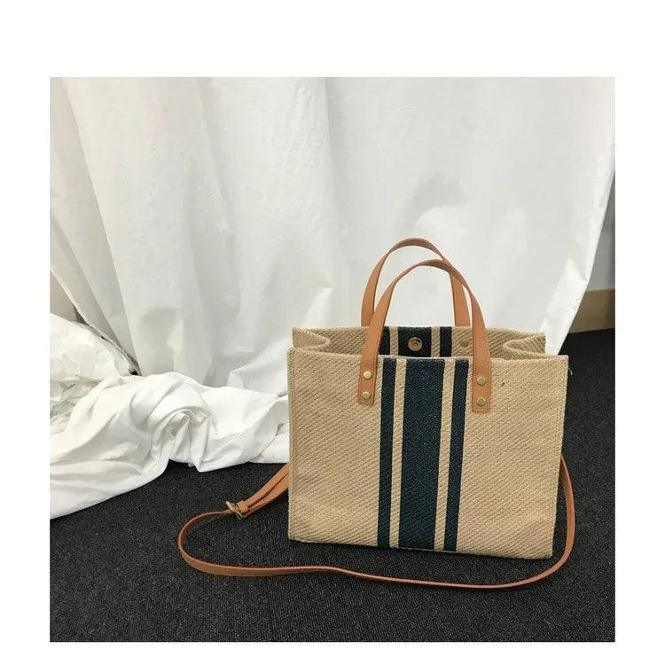 Women's Handbag Professional Commuter Stripe Simple Shoulder Large Bag Large Capacity Canvas Bag
