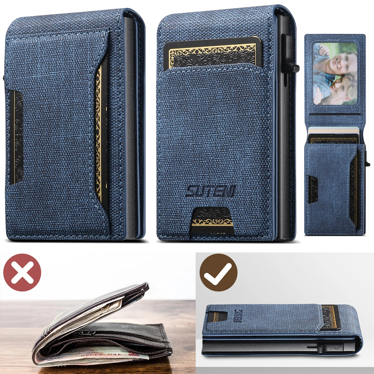 Push-out Card High Quality Faux Leather Card Holder Wallet Holder Large Capacity Can Hold 1-12 Cards 1 Photo Black/Brown/Blue