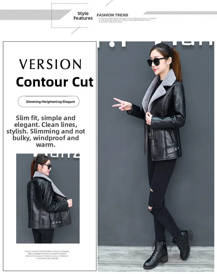 Women's Biker Style Thickened Short Leather Jacket Autumn Winter Street Fashion PU Material Versatile Outerwear Coat
