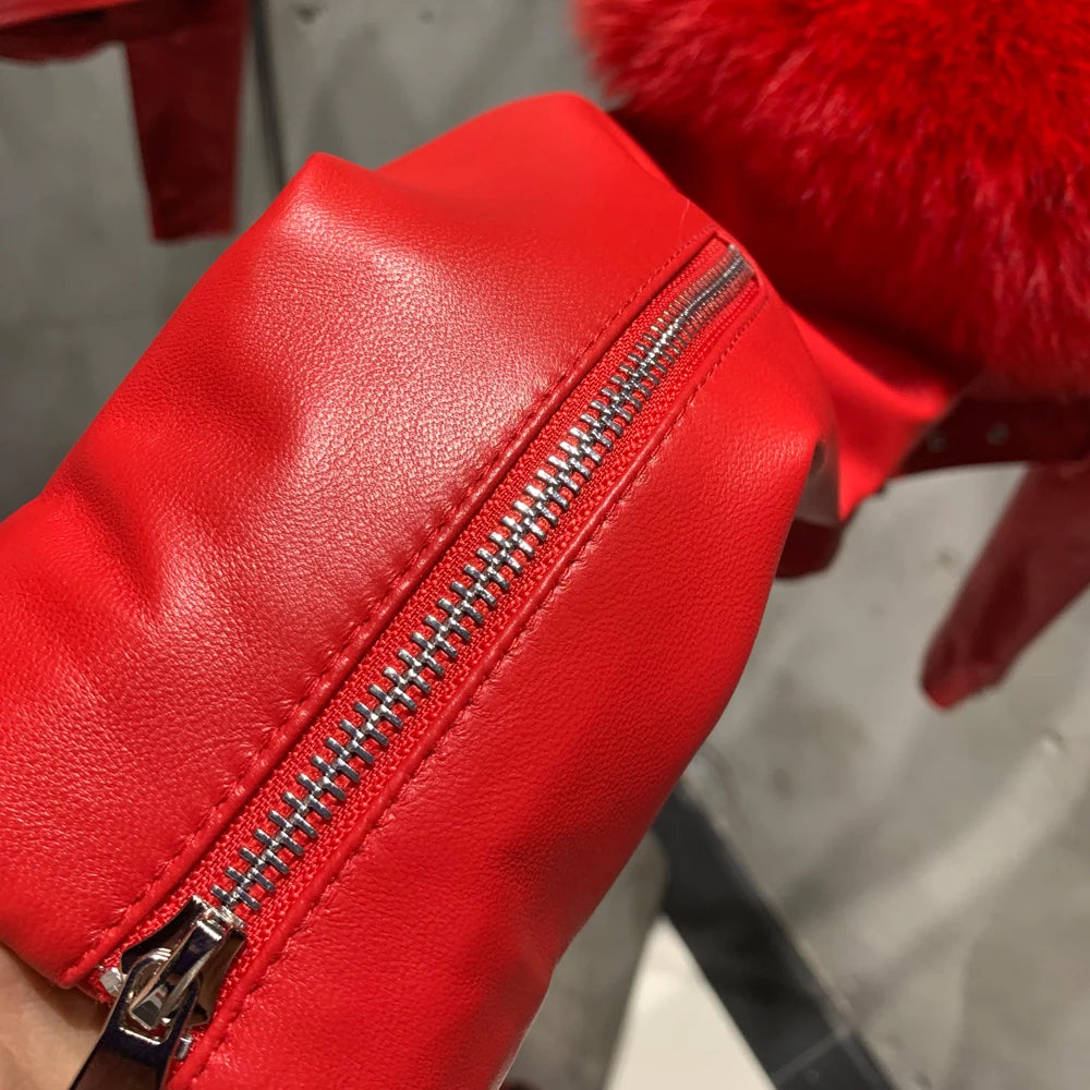 Leather Jacket Factory Ladies Short Leather Jacket Real Fox Fur Sleeve Coat Women Autumn 21001