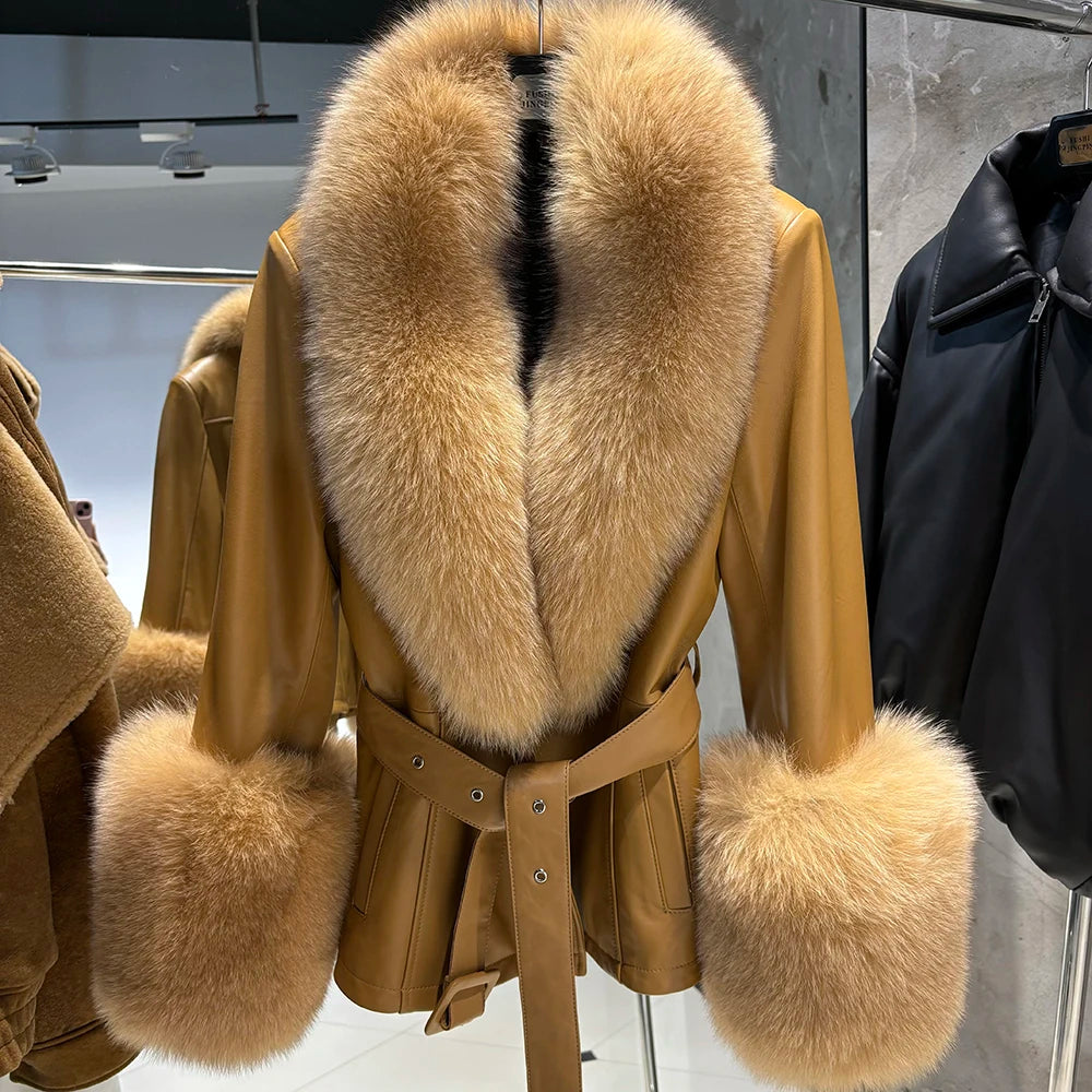YOLOAgain Women's Real Fox Fur Collar Sheepskin Leather Jacket Coat Autumn 2025