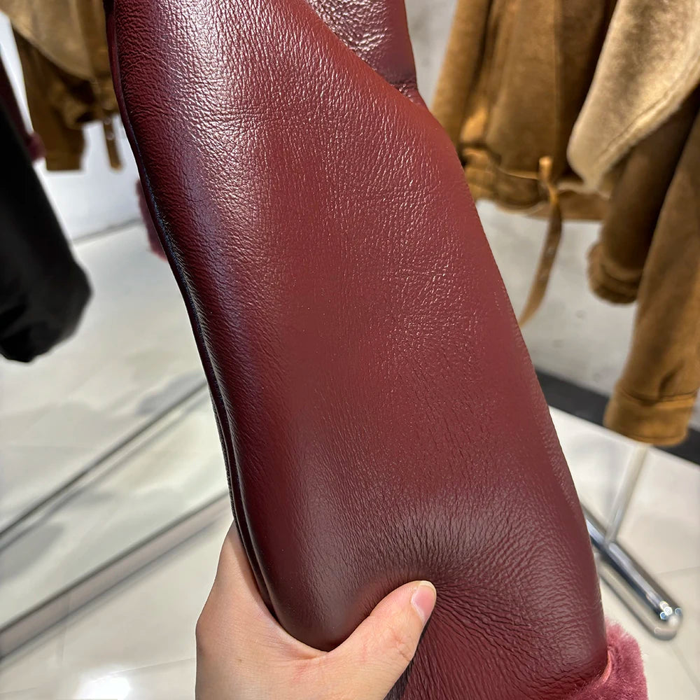 YOLOAgain Burgundy Shearling Jacket With Hood Women 2025 Winter Real Leather Jacket Coat