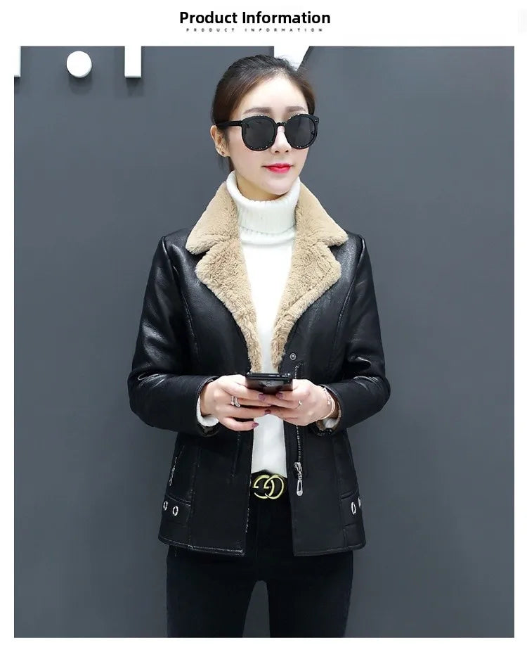 Women's Biker Style Thickened Short Leather Jacket Autumn Winter Street Fashion PU Material Versatile Outerwear Coat