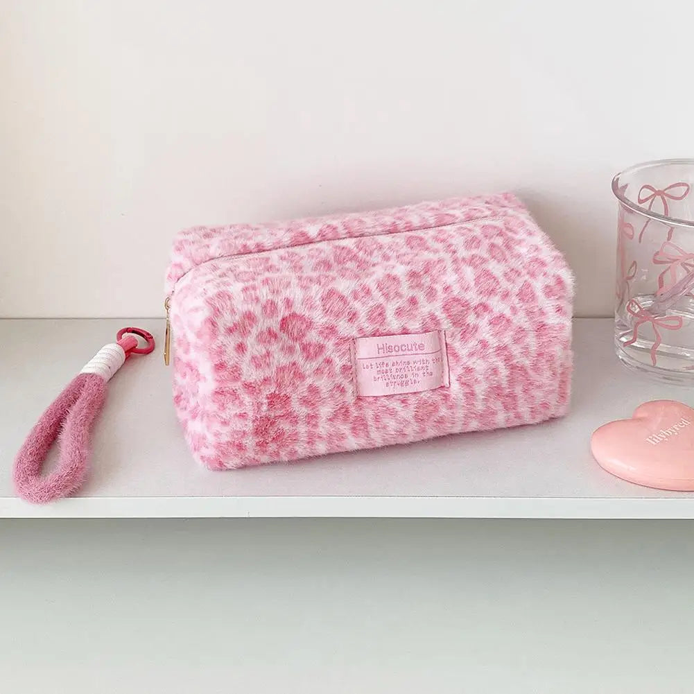 Leopard Print Plush Makeup Bags with Handle Portable Travel Cosmetic Storage Bag Toilet Bag Cute Pencil Case Fashion Handbag