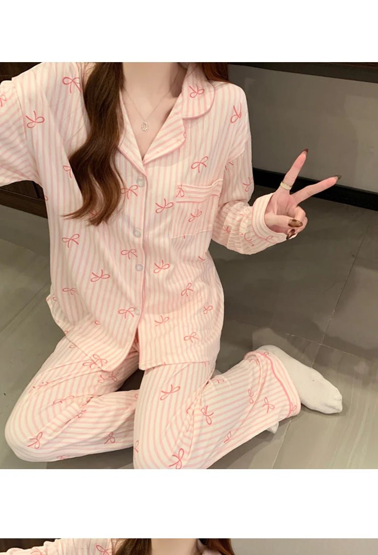 Pink Bow Tie Design Pajamas for Women Long Sleeve Top & Elastic Waist Pants Pajamas Set Harajuku Style Casual New Home Wear