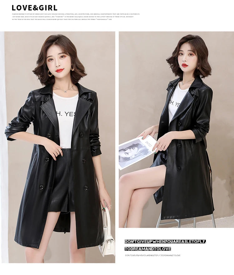 2026 Spring Autumn Sheep Leather Long Trench Coat Women Double Breasted Slim Trench Coat Female Outwear Fashion Windbreaker